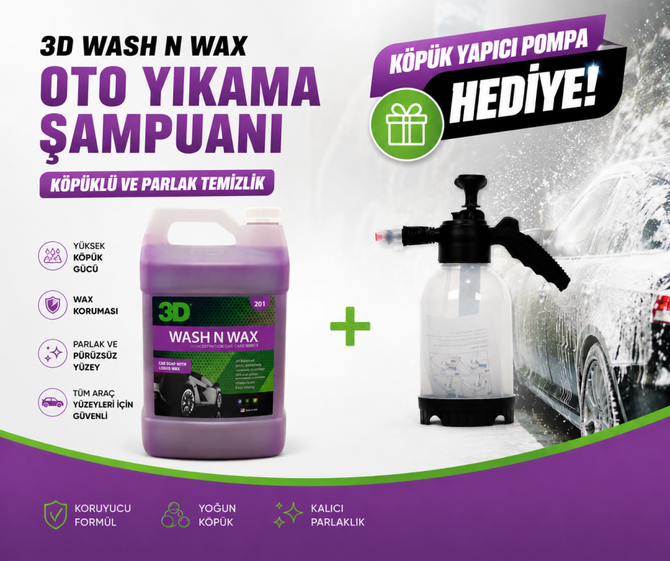 3D Wash N Wax Cilalı Oto Yıkama Şampuanı 1/128 Konsantre 3.79LT + Köpük Yapıcı Pompa Hediye