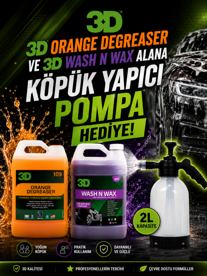 3D Orange Degreaser 3.79 LT ve 3D Wash N Wax Oto Şampuanı 3.79 LT + Köpük Yapıcı Pompa 2 LT